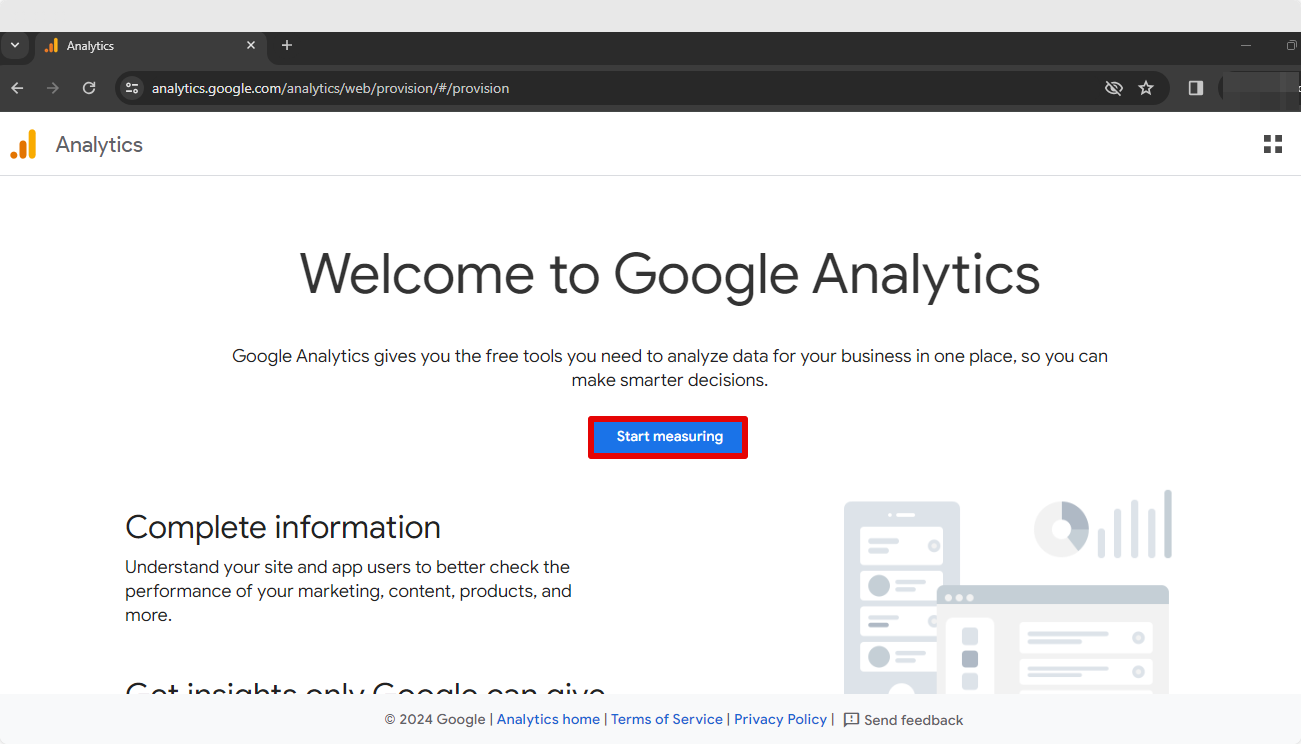 Start Measuring Button in Google Analytics Welcome Page