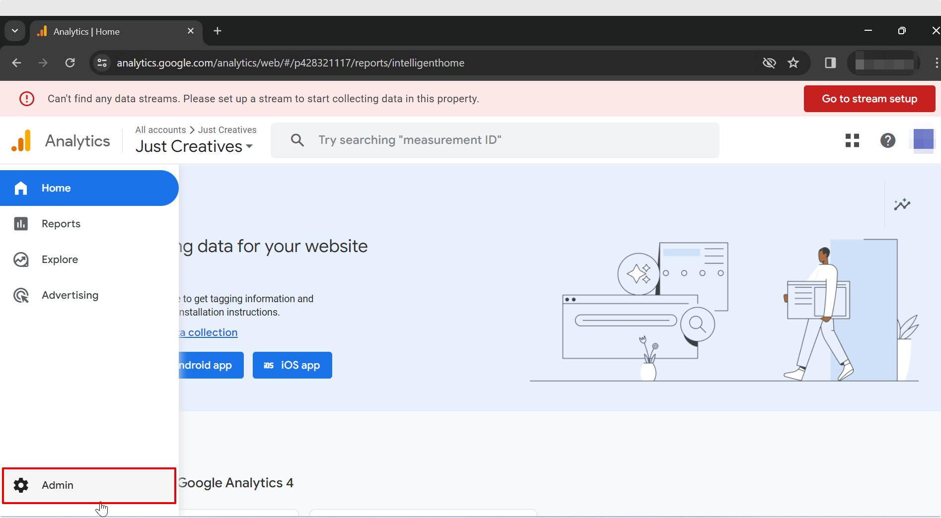 Admin Tab in Google Analytics Home Page