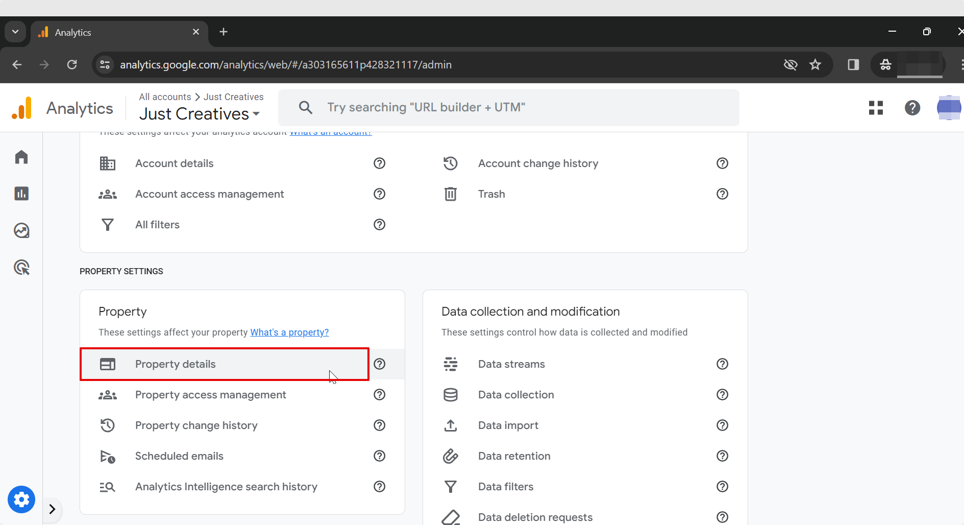 Property Details Button in Google Analytics