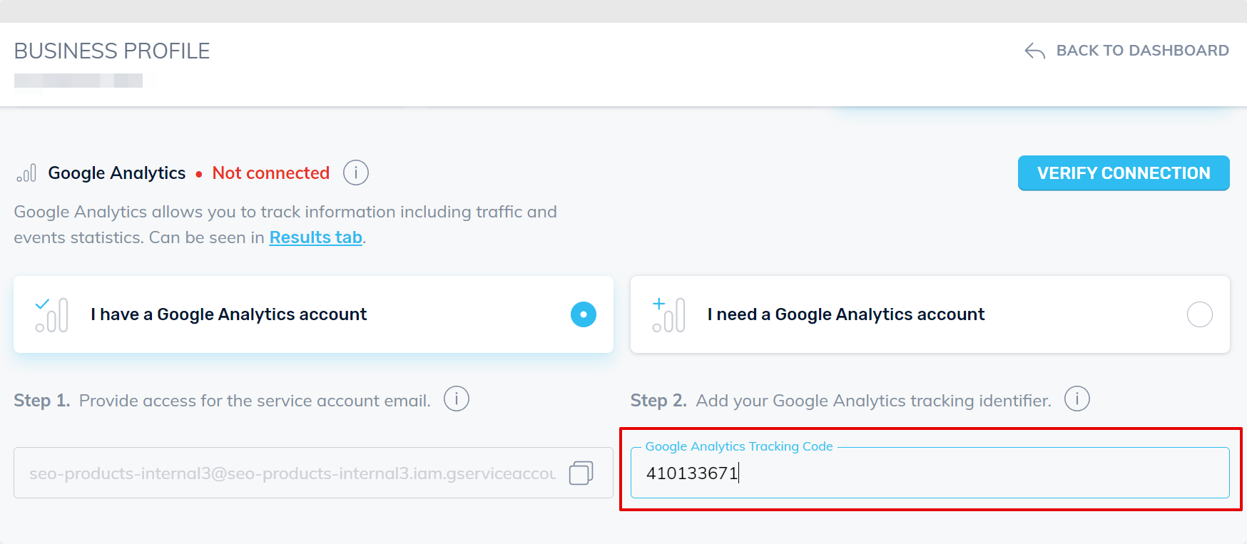 Crazy Domains Online Marketing Hub Google Analytics Tracking Code Field
