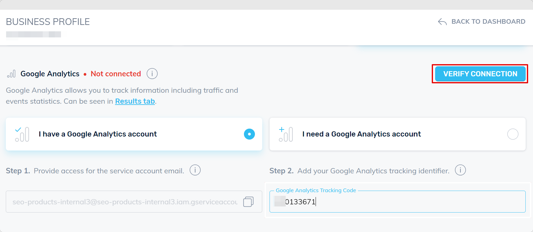 Verify Connection Button in Crazy Domains Online Marketing Hub