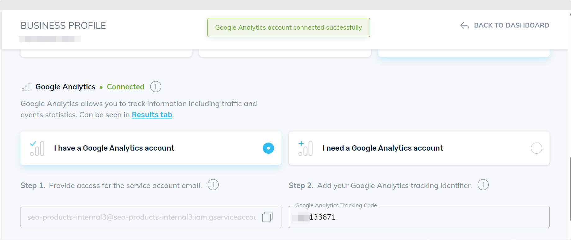 Google Analytics Successfully Connected to Crazy Domains Online Marketing Hub Message