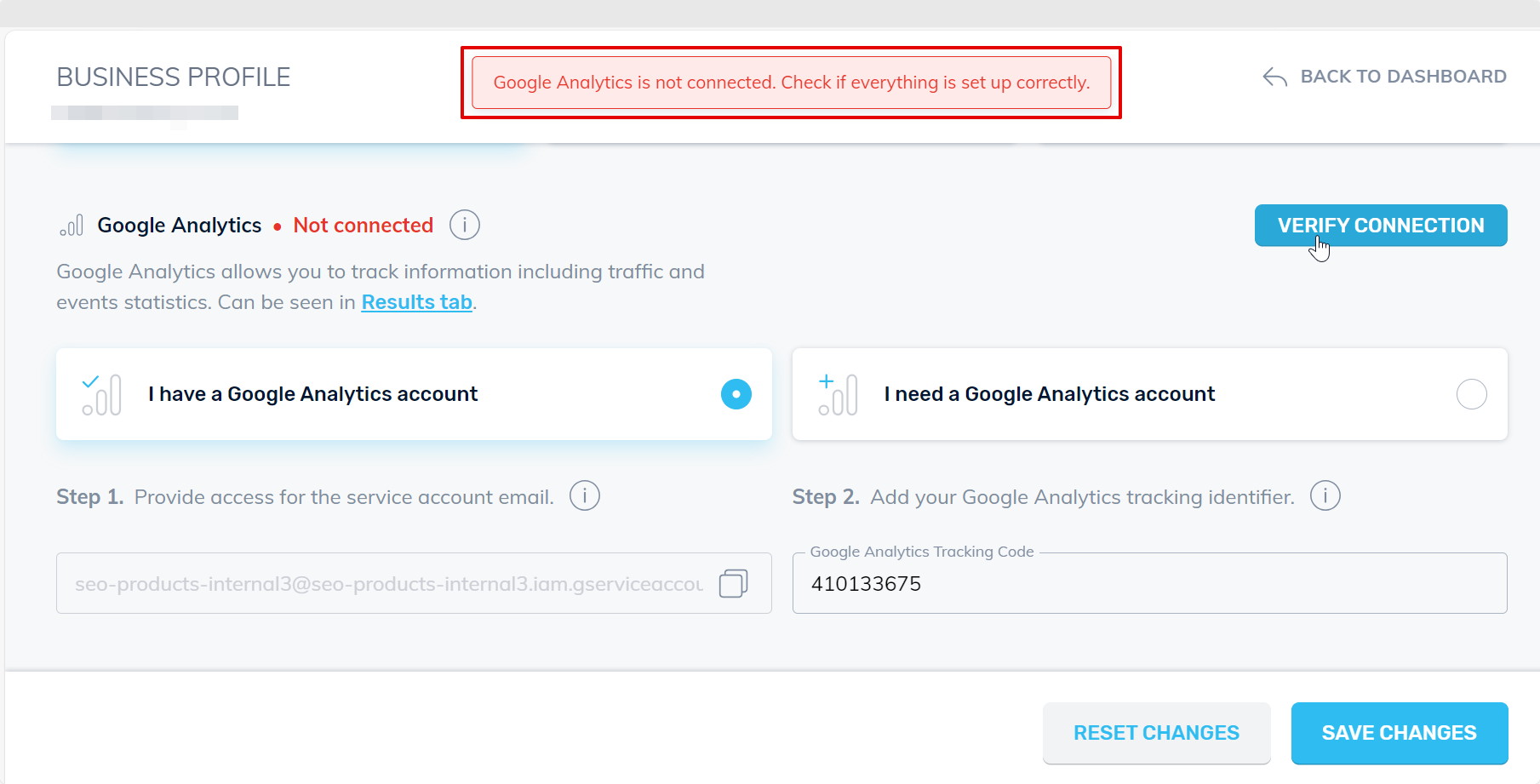Google Analytics Not Connected Message in Crazy Domains Online Marketing Hub