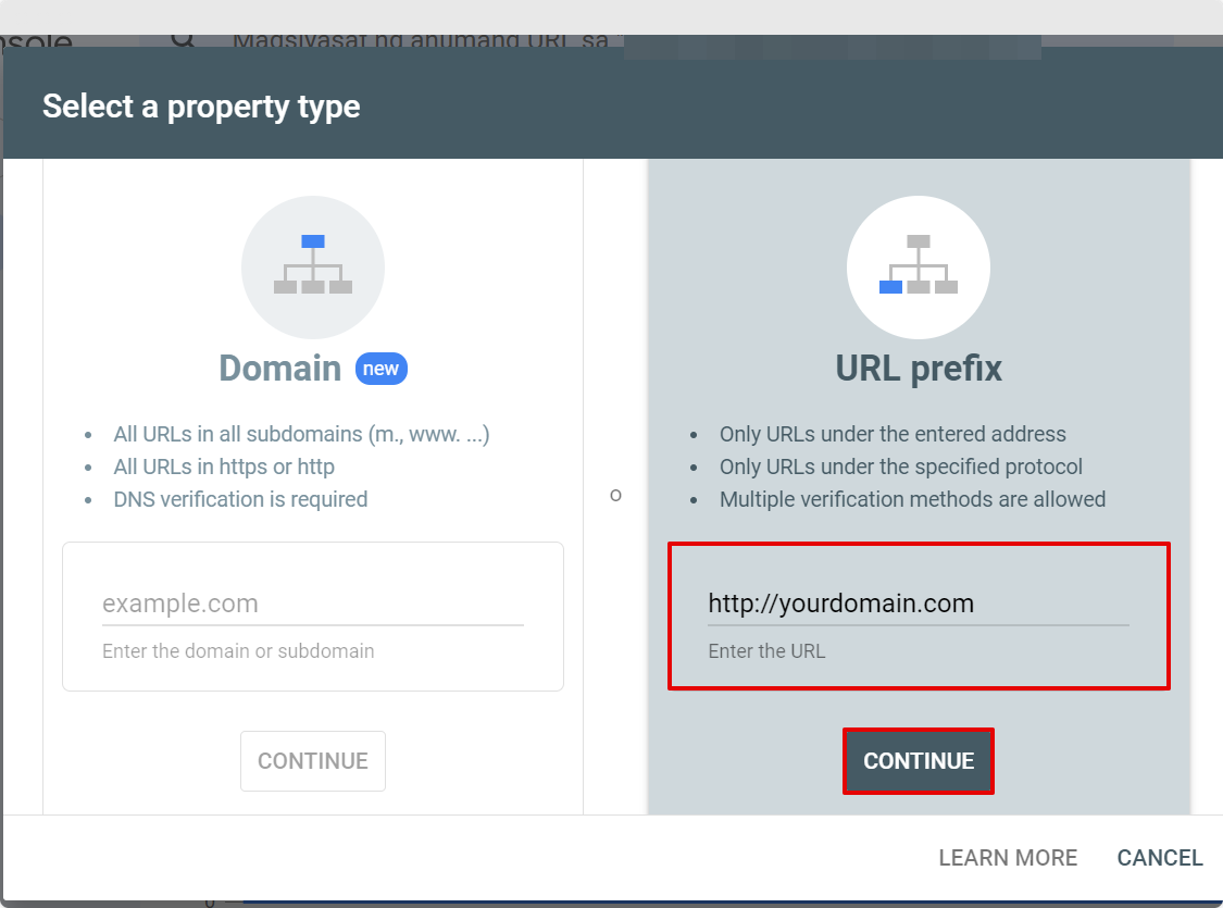 URL Prefix Field in Google Search Console Page