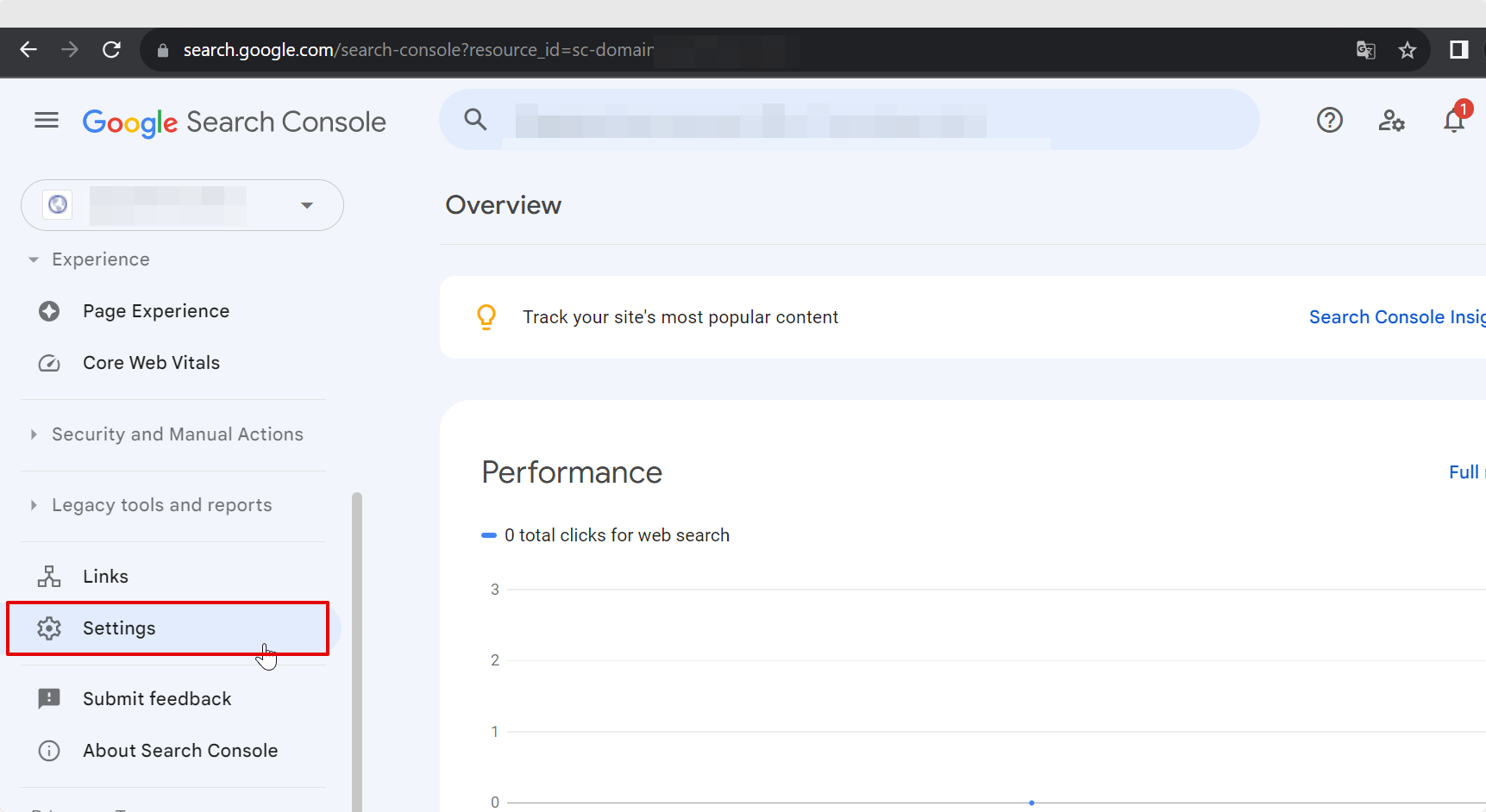 Settings Tab in Google Search Console Page