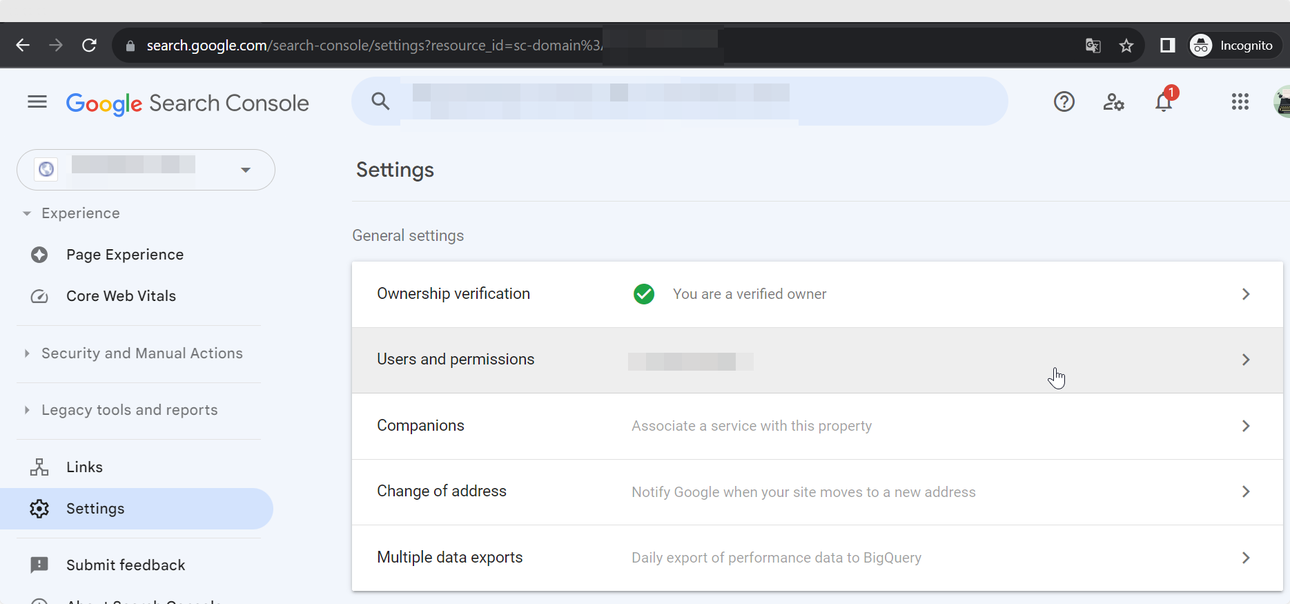 Google Search Console Property Users and Permissions