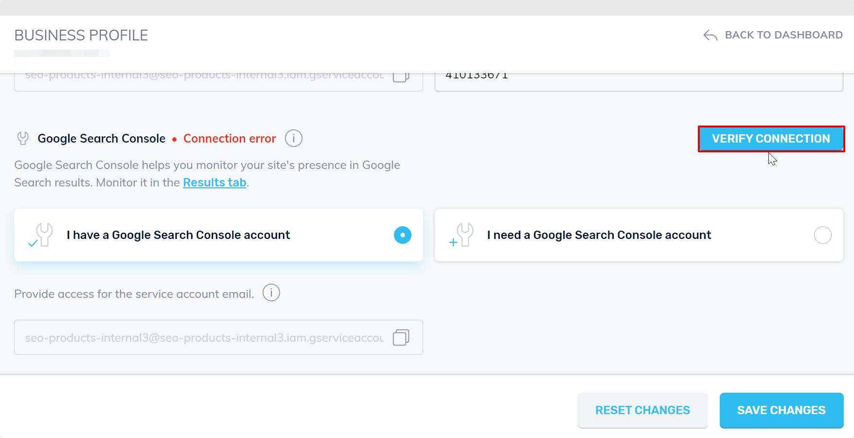 Google Search Console Verify Connection Button in Online Marketing Hub