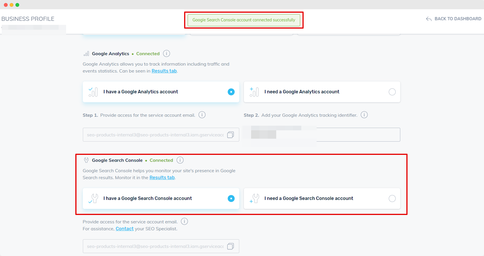 Google Search Console Successfully Connected to Online Marketing Hub Message