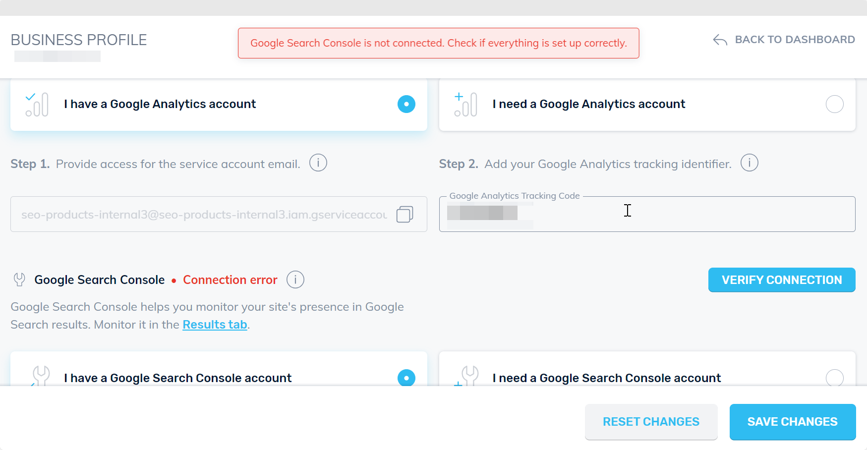 Google Search Console Not Set up Correctly Message in Online Marketing Hub
