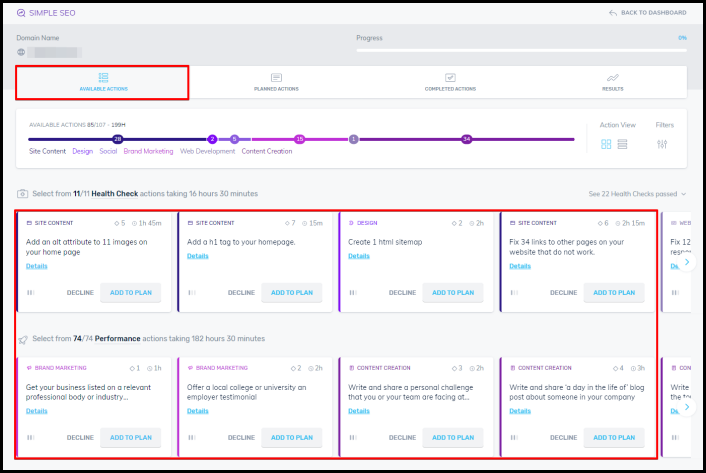 Crazy Domains Simple SEO tool Action Plan dashboard